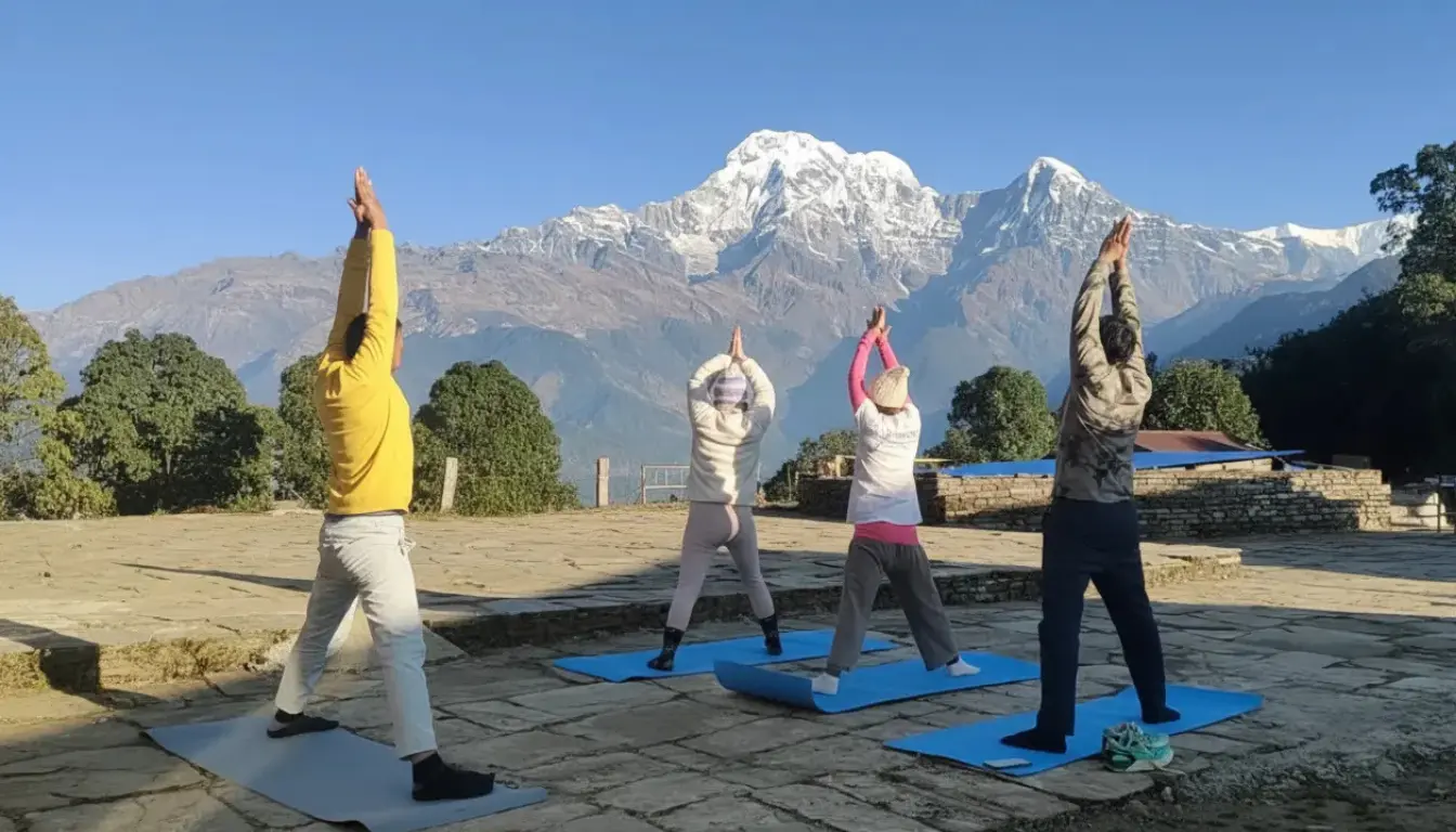 Yoga retreat in the Himalayas of Nepal with mountain views